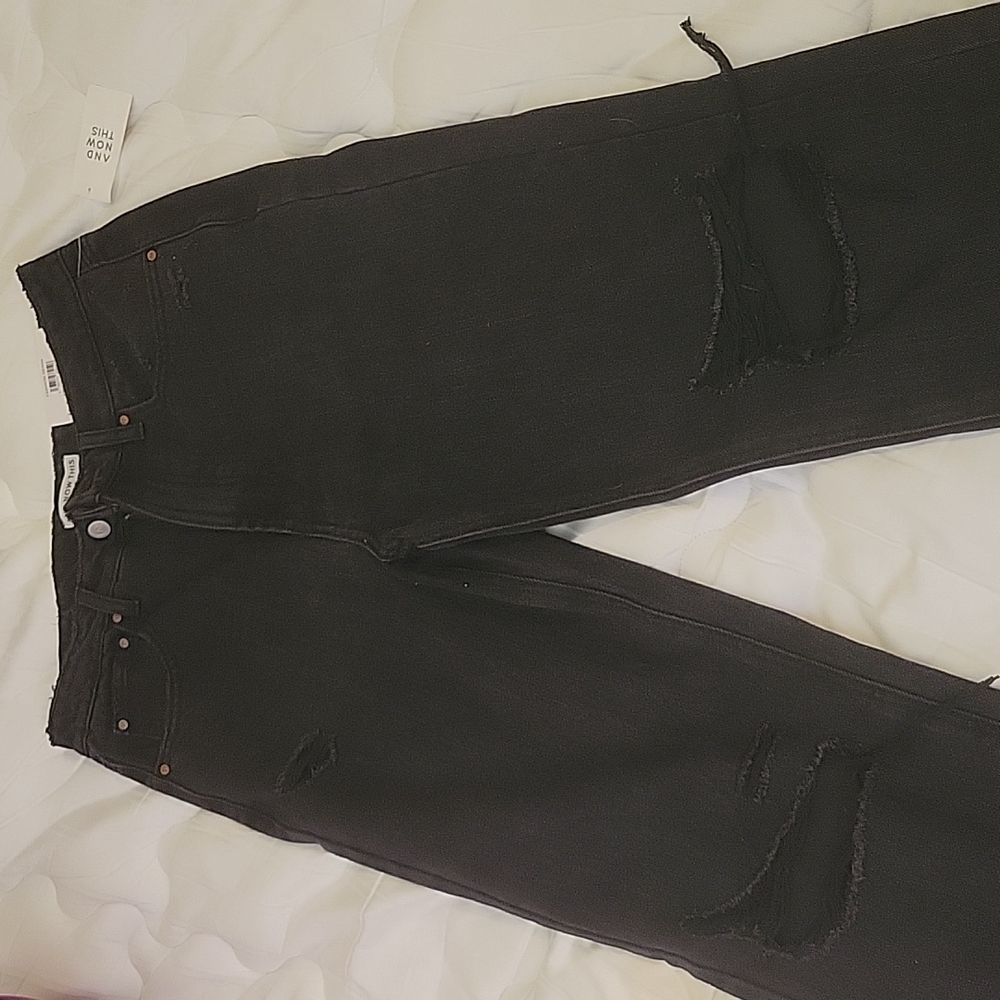 Black distressed high rise straight jeans
